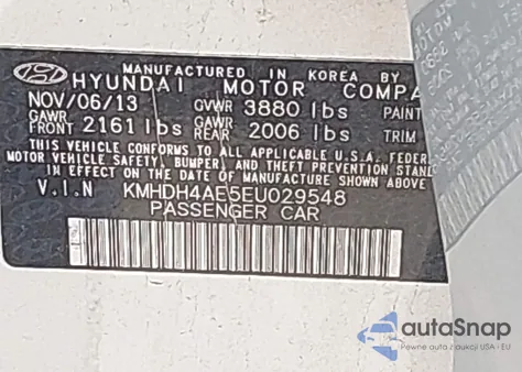 2014 Hyundai Elantra Se from USA, damaged, VIN KMHDH4AE5EU029548